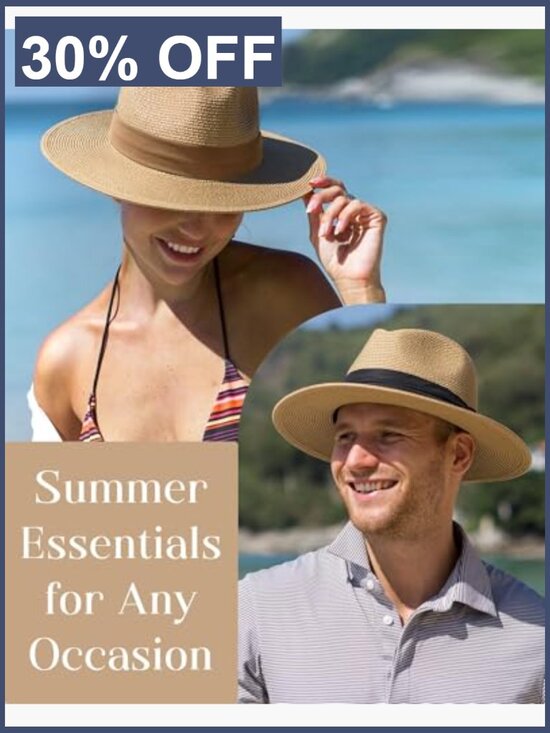 Wide Brim Straw Fedora Panama Hat UPF 50+ Packable Foldable Summer Sun Hat with